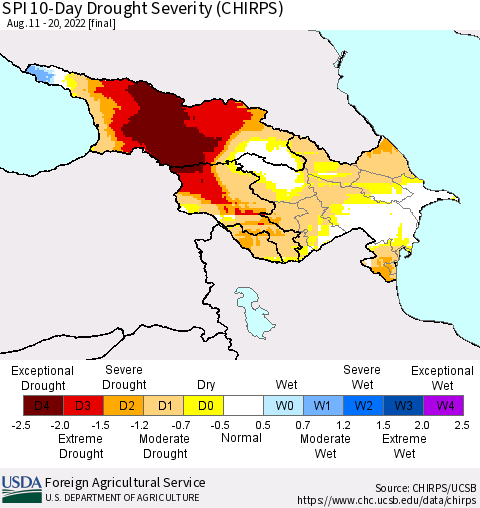Azerbaijan, Armenia and Georgia SPI 10-Day Drought Severity (CHIRPS) Thematic Map For 8/11/2022 - 8/20/2022