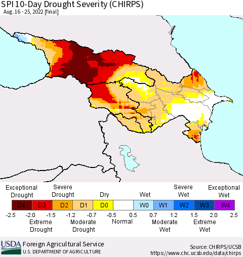 Azerbaijan, Armenia and Georgia SPI 10-Day Drought Severity (CHIRPS) Thematic Map For 8/16/2022 - 8/25/2022