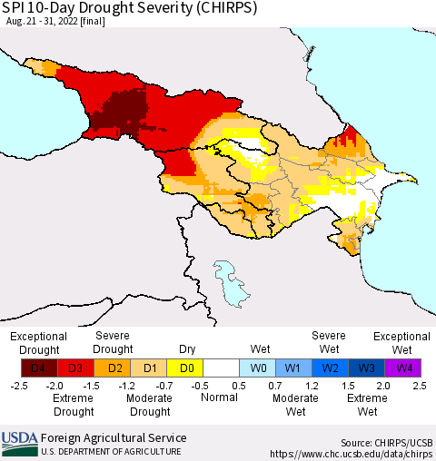 Azerbaijan, Armenia and Georgia SPI 10-Day Drought Severity (CHIRPS) Thematic Map For 8/21/2022 - 8/31/2022