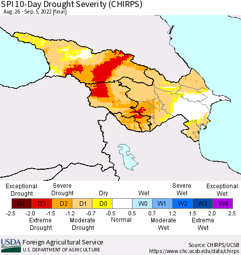Azerbaijan, Armenia and Georgia SPI 10-Day Drought Severity (CHIRPS) Thematic Map For 8/26/2022 - 9/5/2022