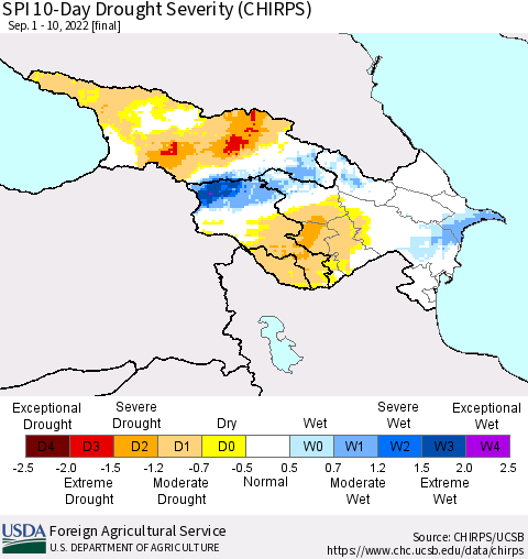 Azerbaijan, Armenia and Georgia SPI 10-Day Drought Severity (CHIRPS) Thematic Map For 9/1/2022 - 9/10/2022