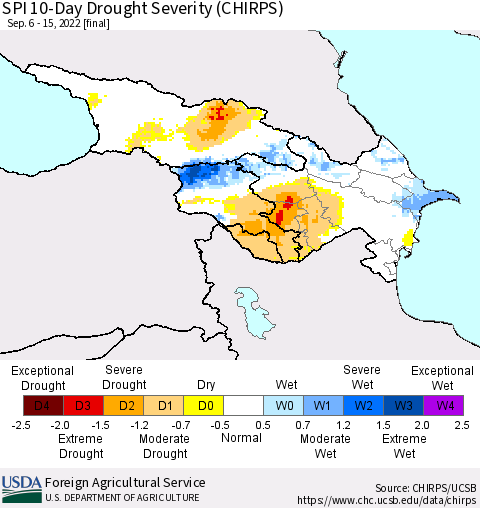 Azerbaijan, Armenia and Georgia SPI 10-Day Drought Severity (CHIRPS) Thematic Map For 9/6/2022 - 9/15/2022