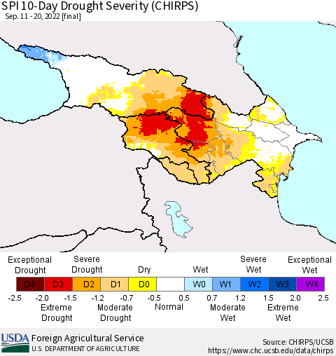 Azerbaijan, Armenia and Georgia SPI 10-Day Drought Severity (CHIRPS) Thematic Map For 9/11/2022 - 9/20/2022