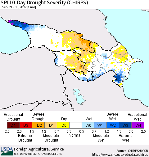 Azerbaijan, Armenia and Georgia SPI 10-Day Drought Severity (CHIRPS) Thematic Map For 9/21/2022 - 9/30/2022