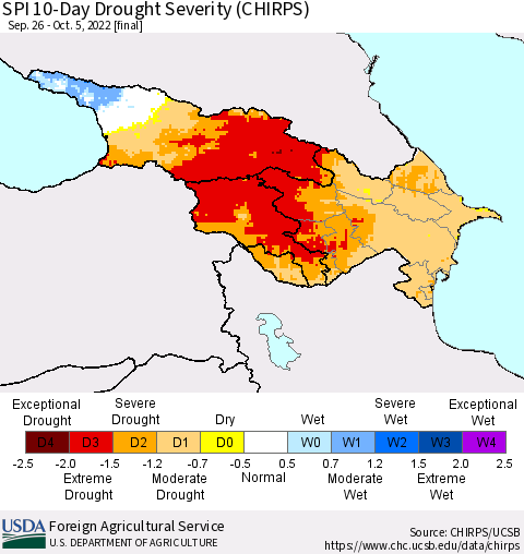 Azerbaijan, Armenia and Georgia SPI 10-Day Drought Severity (CHIRPS) Thematic Map For 9/26/2022 - 10/5/2022