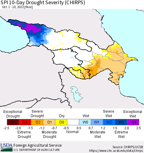 Azerbaijan, Armenia and Georgia SPI 10-Day Drought Severity (CHIRPS) Thematic Map For 10/1/2022 - 10/10/2022