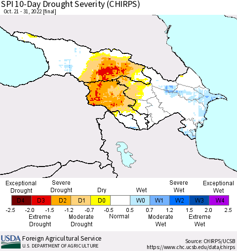 Azerbaijan, Armenia and Georgia SPI 10-Day Drought Severity (CHIRPS) Thematic Map For 10/21/2022 - 10/31/2022
