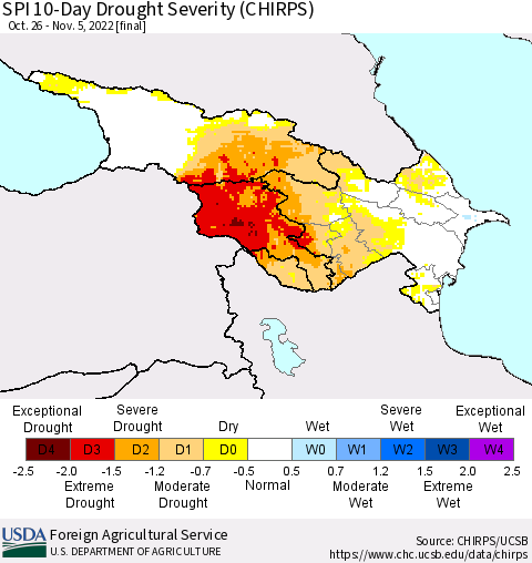 Azerbaijan, Armenia and Georgia SPI 10-Day Drought Severity (CHIRPS) Thematic Map For 10/26/2022 - 11/5/2022