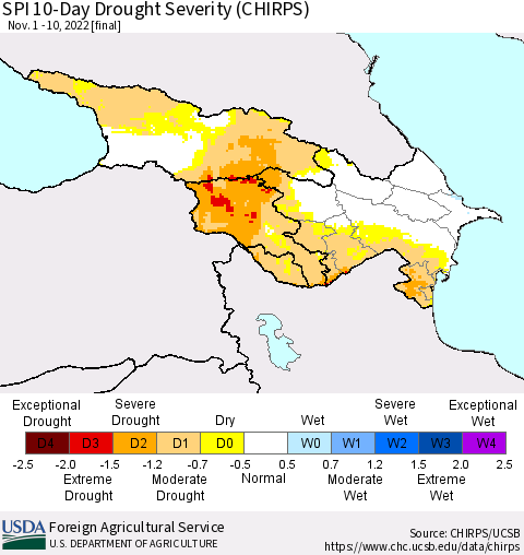 Azerbaijan, Armenia and Georgia SPI 10-Day Drought Severity (CHIRPS) Thematic Map For 11/1/2022 - 11/10/2022