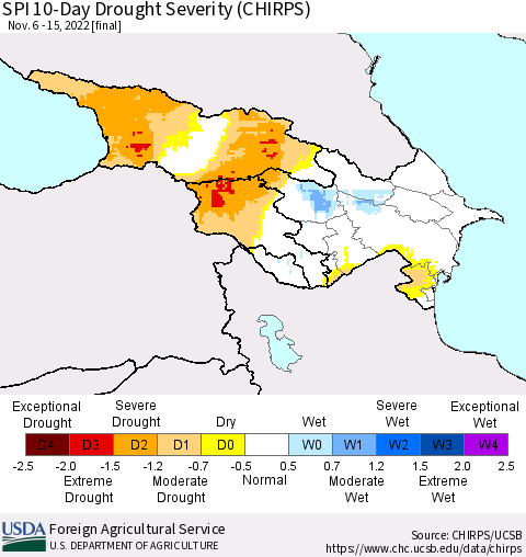 Azerbaijan, Armenia and Georgia SPI 10-Day Drought Severity (CHIRPS) Thematic Map For 11/6/2022 - 11/15/2022