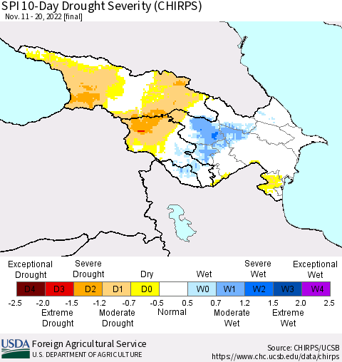 Azerbaijan, Armenia and Georgia SPI 10-Day Drought Severity (CHIRPS) Thematic Map For 11/11/2022 - 11/20/2022