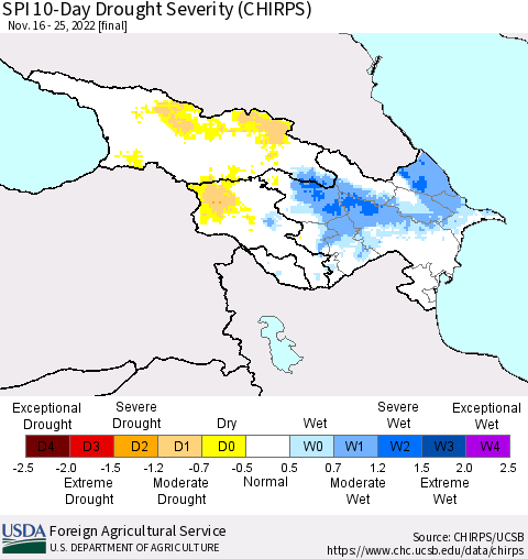 Azerbaijan, Armenia and Georgia SPI 10-Day Drought Severity (CHIRPS) Thematic Map For 11/16/2022 - 11/25/2022