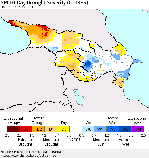 Azerbaijan, Armenia and Georgia SPI 10-Day Drought Severity (CHIRPS) Thematic Map For 12/1/2022 - 12/10/2022