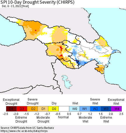 Azerbaijan, Armenia and Georgia SPI 10-Day Drought Severity (CHIRPS) Thematic Map For 12/6/2022 - 12/15/2022