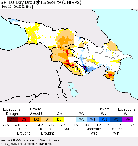 Azerbaijan, Armenia and Georgia SPI 10-Day Drought Severity (CHIRPS) Thematic Map For 12/11/2022 - 12/20/2022