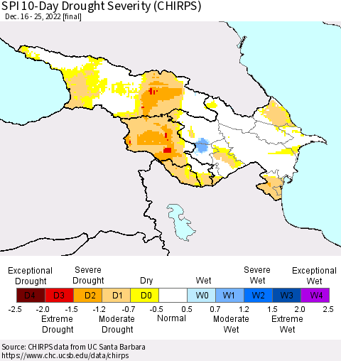 Azerbaijan, Armenia and Georgia SPI 10-Day Drought Severity (CHIRPS) Thematic Map For 12/16/2022 - 12/25/2022