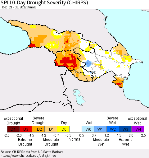 Azerbaijan, Armenia and Georgia SPI 10-Day Drought Severity (CHIRPS) Thematic Map For 12/21/2022 - 12/31/2022