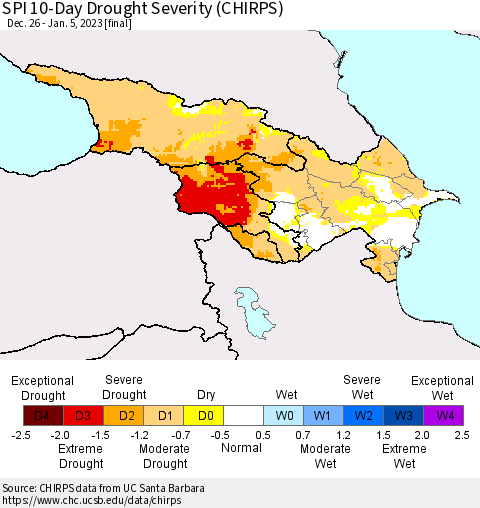 Azerbaijan, Armenia and Georgia SPI 10-Day Drought Severity (CHIRPS) Thematic Map For 12/26/2022 - 1/5/2023