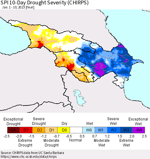 Azerbaijan, Armenia and Georgia SPI 10-Day Drought Severity (CHIRPS) Thematic Map For 1/1/2023 - 1/10/2023