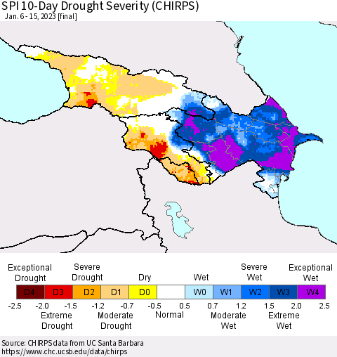 Azerbaijan, Armenia and Georgia SPI 10-Day Drought Severity (CHIRPS) Thematic Map For 1/6/2023 - 1/15/2023