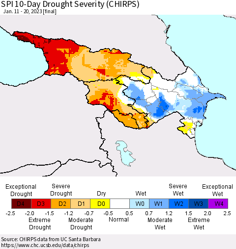 Azerbaijan, Armenia and Georgia SPI 10-Day Drought Severity (CHIRPS) Thematic Map For 1/11/2023 - 1/20/2023