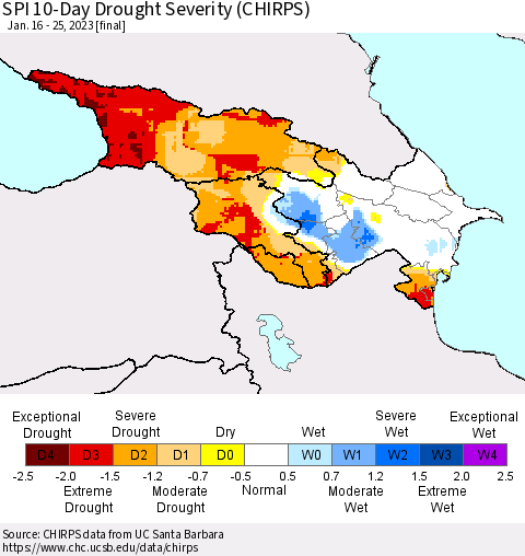 Azerbaijan, Armenia and Georgia SPI 10-Day Drought Severity (CHIRPS) Thematic Map For 1/16/2023 - 1/25/2023