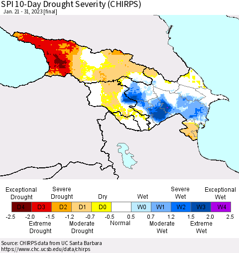 Azerbaijan, Armenia and Georgia SPI 10-Day Drought Severity (CHIRPS) Thematic Map For 1/21/2023 - 1/31/2023