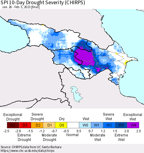 Azerbaijan, Armenia and Georgia SPI 10-Day Drought Severity (CHIRPS) Thematic Map For 1/26/2023 - 2/5/2023