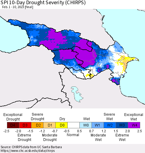 Azerbaijan, Armenia and Georgia SPI 10-Day Drought Severity (CHIRPS) Thematic Map For 2/1/2023 - 2/10/2023