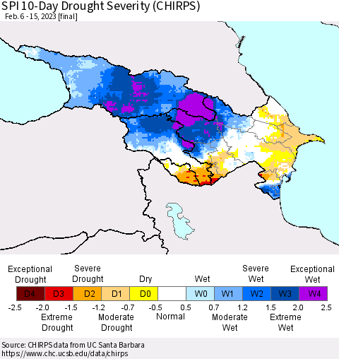Azerbaijan, Armenia and Georgia SPI 10-Day Drought Severity (CHIRPS) Thematic Map For 2/6/2023 - 2/15/2023
