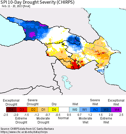Azerbaijan, Armenia and Georgia SPI 10-Day Drought Severity (CHIRPS) Thematic Map For 2/11/2023 - 2/20/2023
