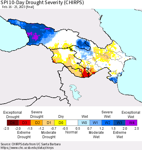 Azerbaijan, Armenia and Georgia SPI 10-Day Drought Severity (CHIRPS) Thematic Map For 2/16/2023 - 2/25/2023