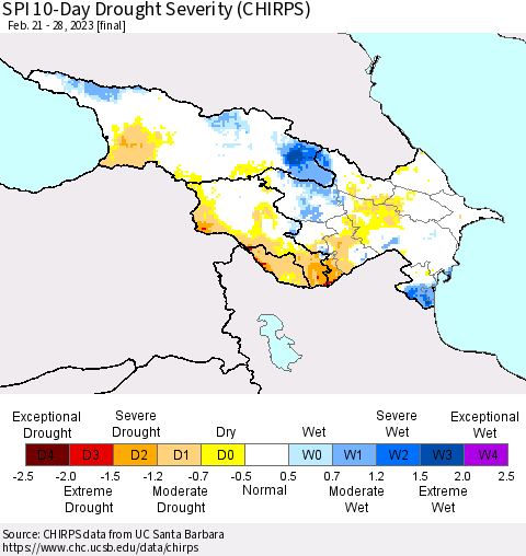 Azerbaijan, Armenia and Georgia SPI 10-Day Drought Severity (CHIRPS) Thematic Map For 2/21/2023 - 2/28/2023