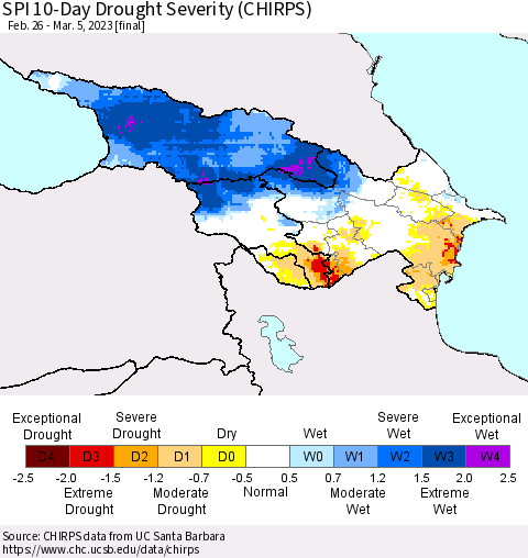 Azerbaijan, Armenia and Georgia SPI 10-Day Drought Severity (CHIRPS) Thematic Map For 2/26/2023 - 3/5/2023