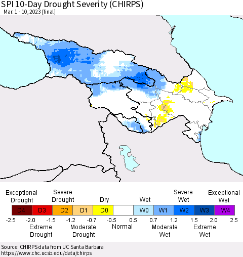 Azerbaijan, Armenia and Georgia SPI 10-Day Drought Severity (CHIRPS) Thematic Map For 3/1/2023 - 3/10/2023
