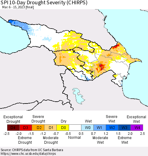 Azerbaijan, Armenia and Georgia SPI 10-Day Drought Severity (CHIRPS) Thematic Map For 3/6/2023 - 3/15/2023