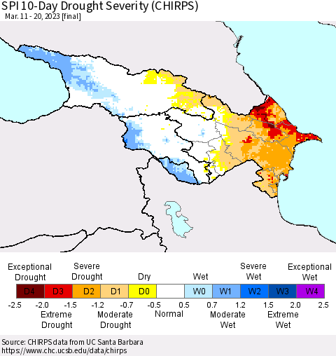 Azerbaijan, Armenia and Georgia SPI 10-Day Drought Severity (CHIRPS) Thematic Map For 3/11/2023 - 3/20/2023