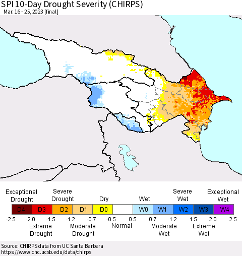 Azerbaijan, Armenia and Georgia SPI 10-Day Drought Severity (CHIRPS) Thematic Map For 3/16/2023 - 3/25/2023