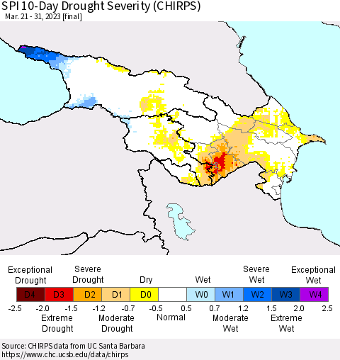 Azerbaijan, Armenia and Georgia SPI 10-Day Drought Severity (CHIRPS) Thematic Map For 3/21/2023 - 3/31/2023