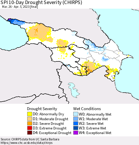 Azerbaijan, Armenia and Georgia SPI 10-Day Drought Severity (CHIRPS) Thematic Map For 3/26/2023 - 4/5/2023