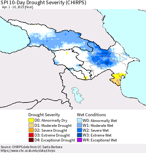 Azerbaijan, Armenia and Georgia SPI 10-Day Drought Severity (CHIRPS) Thematic Map For 4/1/2023 - 4/10/2023