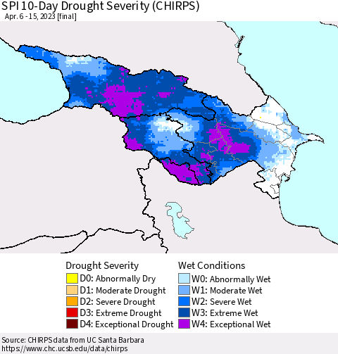 Azerbaijan, Armenia and Georgia SPI 10-Day Drought Severity (CHIRPS) Thematic Map For 4/6/2023 - 4/15/2023