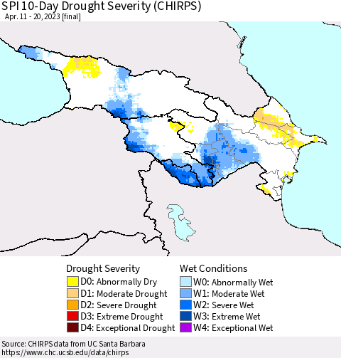 Azerbaijan, Armenia and Georgia SPI 10-Day Drought Severity (CHIRPS) Thematic Map For 4/11/2023 - 4/20/2023