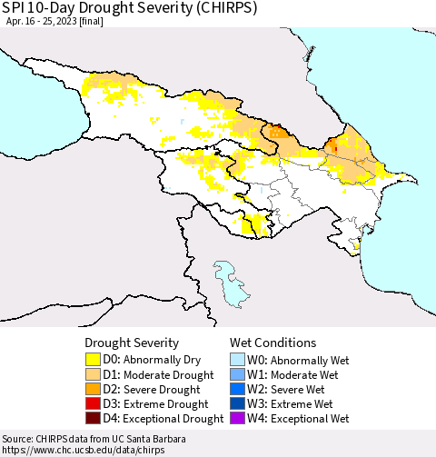 Azerbaijan, Armenia and Georgia SPI 10-Day Drought Severity (CHIRPS) Thematic Map For 4/16/2023 - 4/25/2023