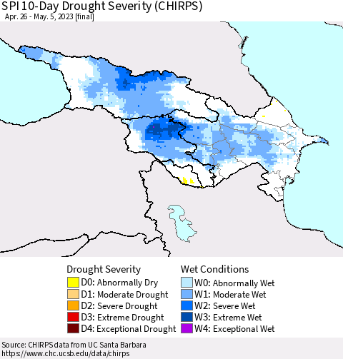 Azerbaijan, Armenia and Georgia SPI 10-Day Drought Severity (CHIRPS) Thematic Map For 4/26/2023 - 5/5/2023