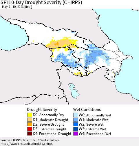 Azerbaijan, Armenia and Georgia SPI 10-Day Drought Severity (CHIRPS) Thematic Map For 5/1/2023 - 5/10/2023