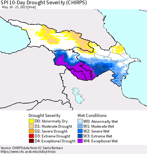 Azerbaijan, Armenia and Georgia SPI 10-Day Drought Severity (CHIRPS) Thematic Map For 5/16/2023 - 5/25/2023