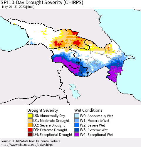 Azerbaijan, Armenia and Georgia SPI 10-Day Drought Severity (CHIRPS) Thematic Map For 5/21/2023 - 5/31/2023
