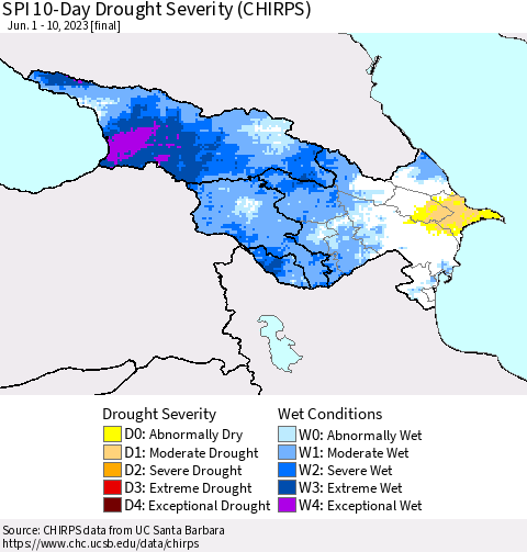 Azerbaijan, Armenia and Georgia SPI 10-Day Drought Severity (CHIRPS) Thematic Map For 6/1/2023 - 6/10/2023