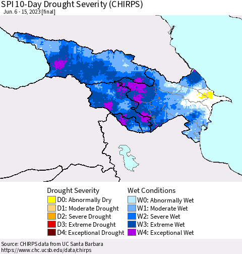 Azerbaijan, Armenia and Georgia SPI 10-Day Drought Severity (CHIRPS) Thematic Map For 6/6/2023 - 6/15/2023